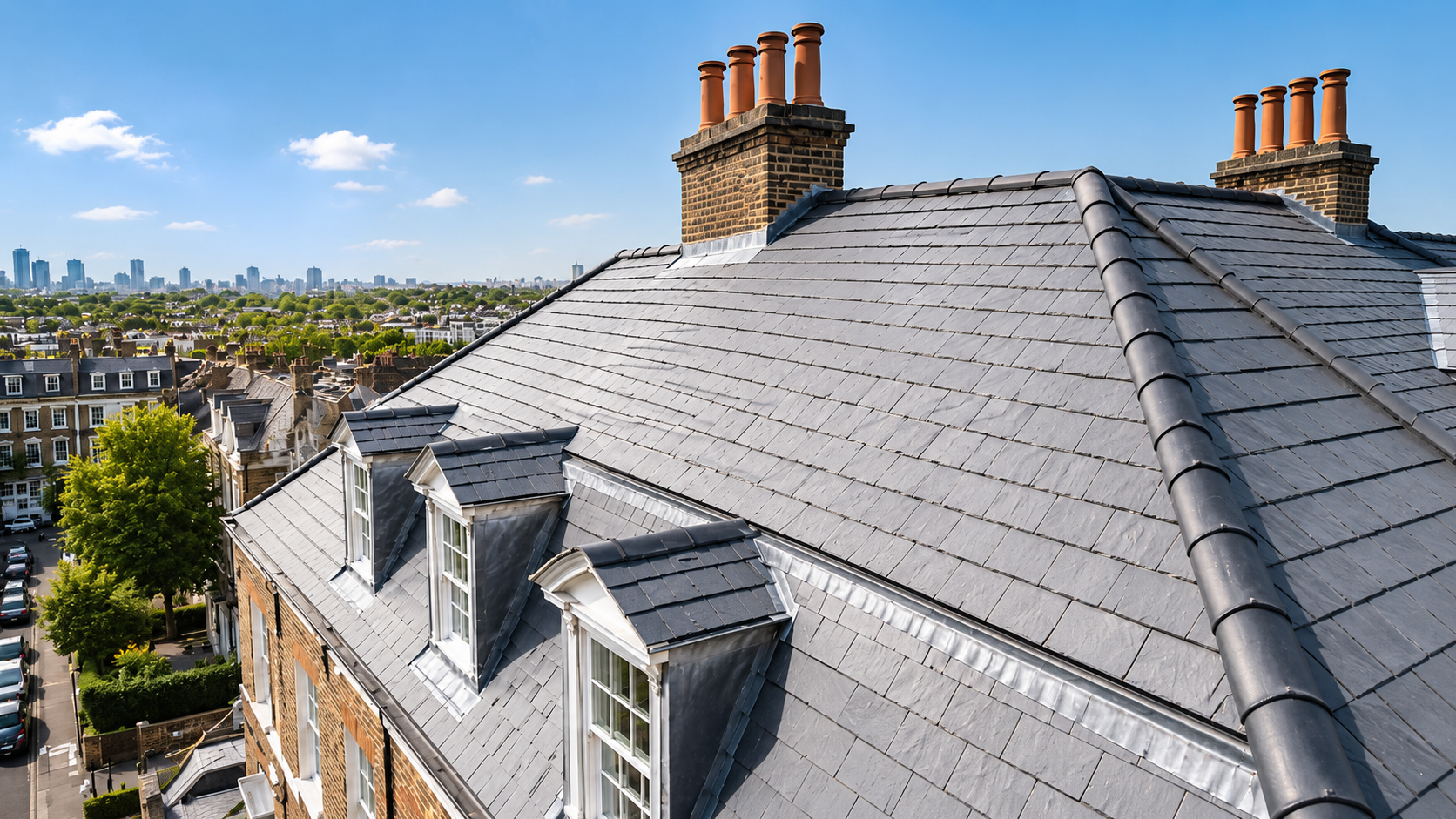 British roofer installing slate tiles at sunset